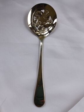 Vintage Large 8.5” Sheffield England Slotted Embossed Silver Plate Serving Spoon